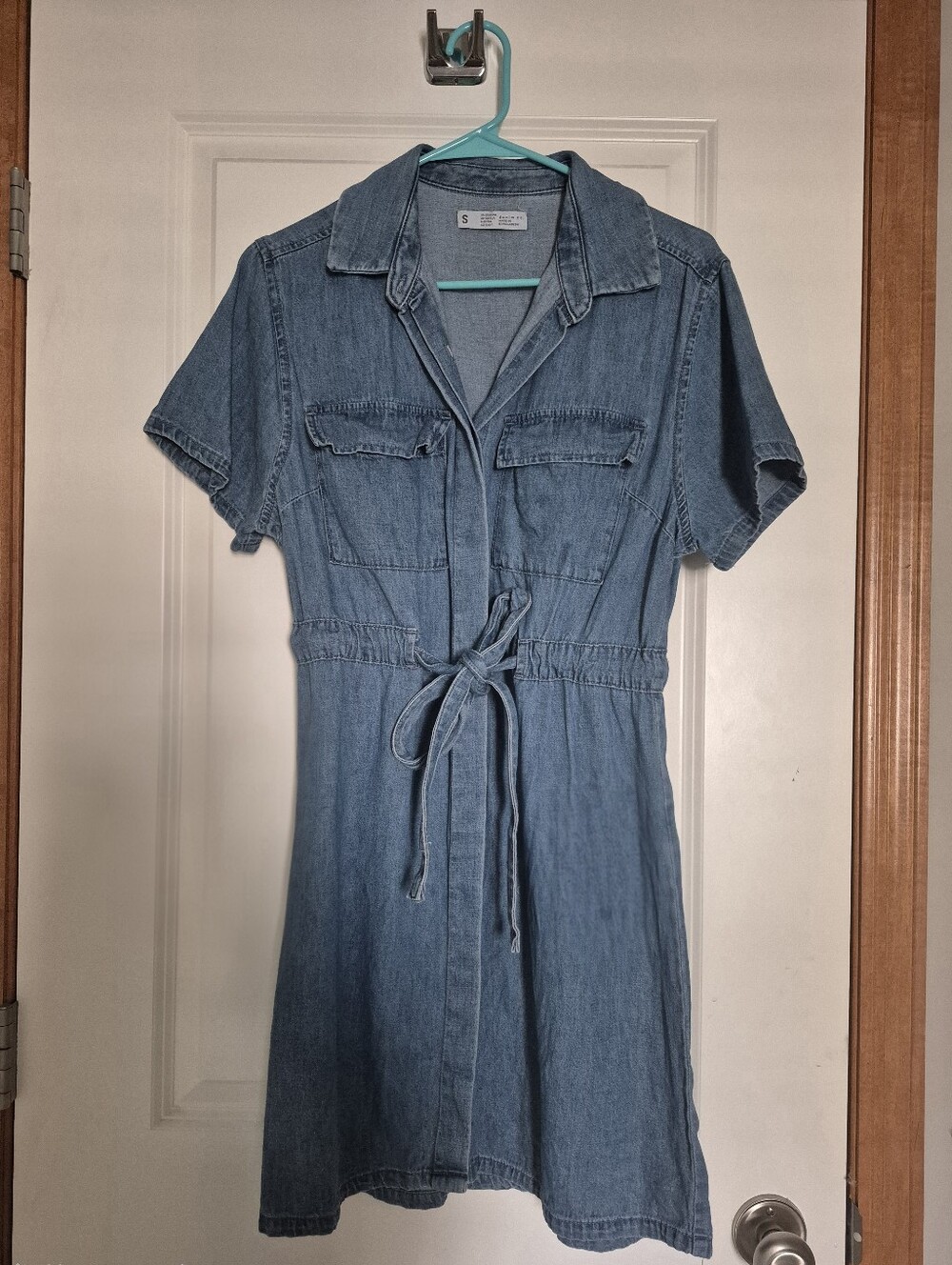 Denim Short-Sleeve Shirt Dress with Tie Waist